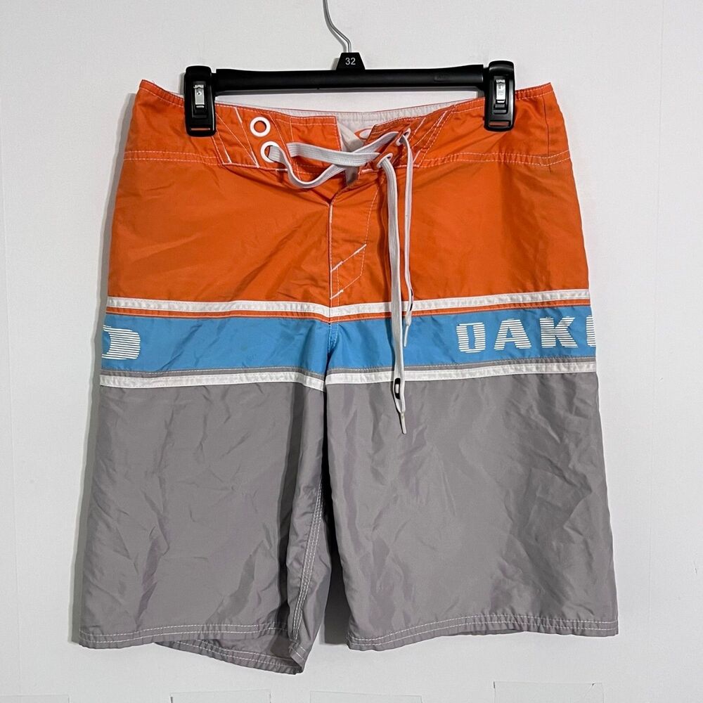 Vintage Oakley Mens Board Shorts Size 28 Multicolor Striped Logo Drawstring